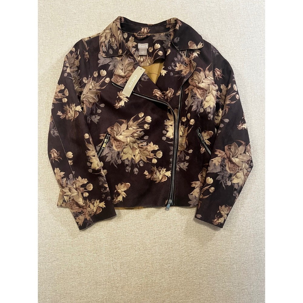 Chico's Floral Faux Suede Moto Jacket Deep Purple Asymmetrical Zip Size 0 S 4/6